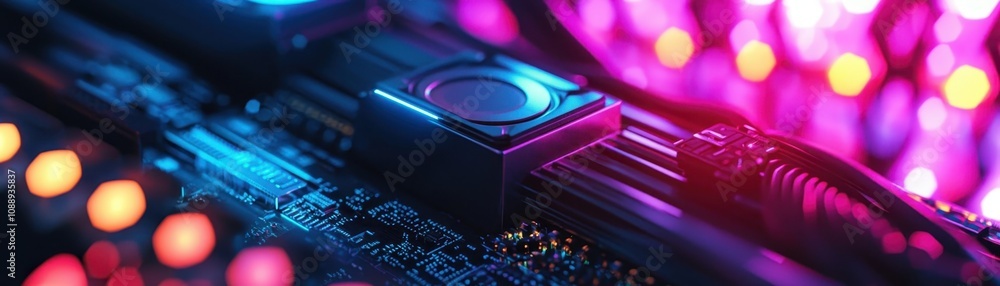 Poster a close-up view of a circuit board illuminated by colorful lights, showcasing intricate electronic c