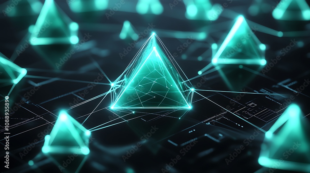 Poster Abstract glowing teal pyramids connected by lines on a dark background, representing a network or data structure.