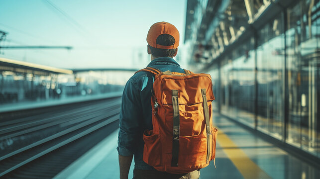 A migrant worker with a backpack waiting at a modern train station, symbolizing new beginnings and journeys in a foreign country.