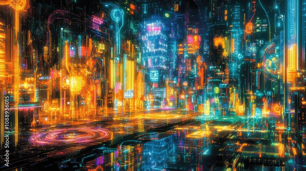 Aufkleber A vibrant futuristic city, with glowing neon abstract structures and intricate circuit patterns, set in a surreal atmosphere full of color and energy.