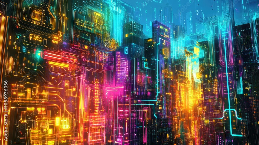Aufkleber A vibrant futuristic city, with glowing neon abstract structures and intricate circuit patterns, set in a surreal atmosphere full of color and energy.