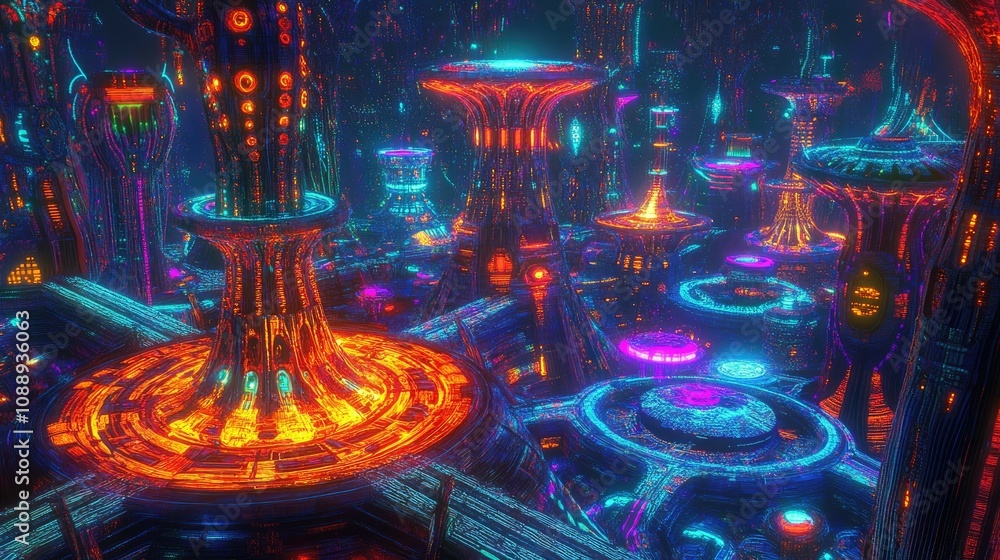 Aufkleber A vibrant futuristic city, with glowing neon abstract structures and intricate circuit patterns, set in a surreal atmosphere full of color and energy.