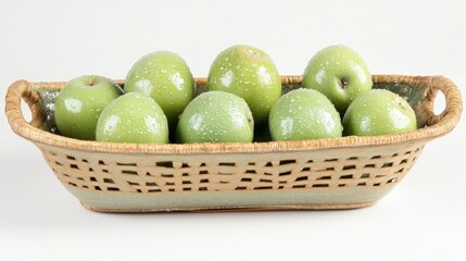 Fresh Green Apples Arranged in a Rustic Woven Basket with a Simple Light Background Perfect for Healthy Eating or Organic Food Themes