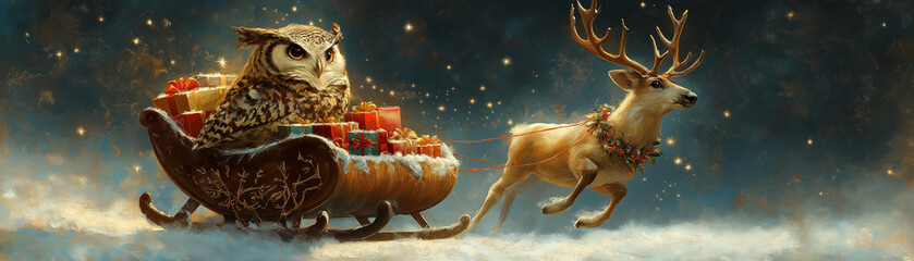 Owl riding on a sleigh filled with presents, being pulled by a friendly reindeer