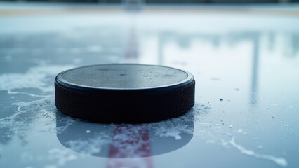 A realistic hockey puck mockup featuring a black puck on a textured ice rink with visible markings and subtle scratches.