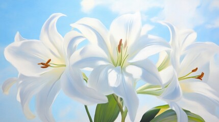 Fototapeta premium Pure White Lilies with Sunlit Petals Against Clear Sky