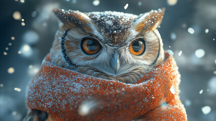 Owl surrounded by sparkling snowflakes and icicles, with a cozy scarf wrapped around its neck