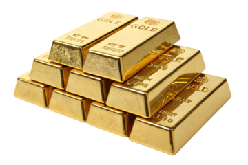 Neatly stacked gold bars with polished surfaces, featuring inscriptions of authenticity, radiating a sense of opulence and financial security, set against a transparent background