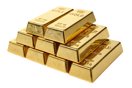 Neatly stacked gold bars with polished surfaces, featuring inscriptions of authenticity, radiating a sense of opulence and financial security, set against a transparent background
