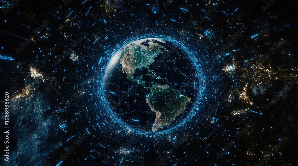 Poster concept of global communication: earth surrounded by blue digital connections, highlighting the inte
