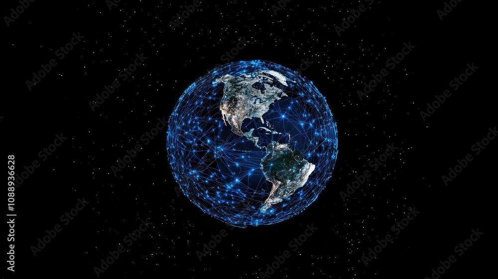 Poster concept of global communication: earth surrounded by blue digital connections, highlighting the inte