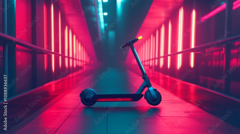 Aufkleber An electric scooter sits in a tunnel. The walls are lined with neon lights, creating a vibrant pink and blue glow. The scooter is in the center of the frame, facing the camera.