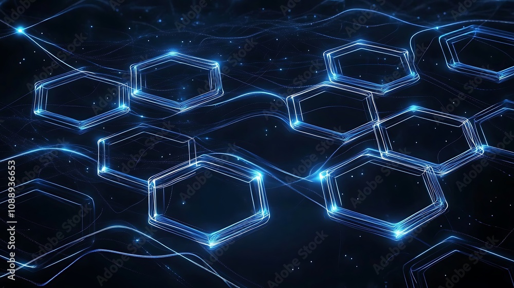 Poster abstract glowing blue hexagons connected by wavy lines on dark background.