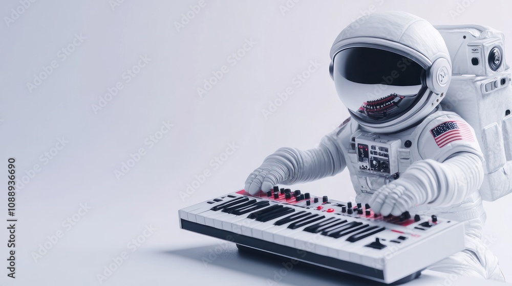 Aufkleber an astronaut playing a synthesizer in a futuristic setting.
