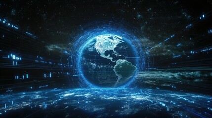 Obraz premium Concept of global communication: Earth surrounded by blue digital connections, highlighting the internet role in connecting the world on a dark backdrop.