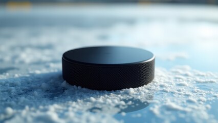 A professional hockey composition mockup highlighting a close-up puck on ice illuminated by cool lighting.