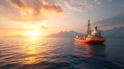 Naklejka premium Ocean sunset with oil rig marine environment nature photography calm waters vibrant colors