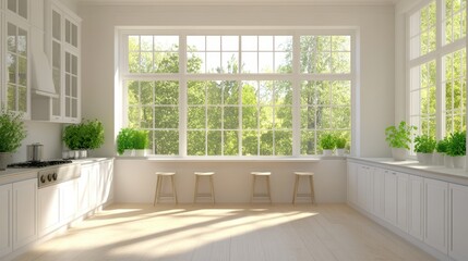 Fototapeta premium Bright and Airy Modern Kitchen with Large Windows Overlooking Lush Greenery, Featuring Minimalist Design and Natural Light in a Serene Atmosphere