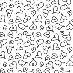 Black Doodle Heart shapes Seamless pattern. Cute Love monochrome simple Background. Kids Doodles Hearts. Template for package wrapping paper card wallpaper textile print banner
