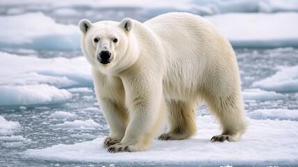 Fototapeta premium Majestic Polar Bear Standing on an Ice Floe in a Stunning Arctic Landscape Showcasing Its Fluffy White Fur Against a Serene Snowy Backdrop