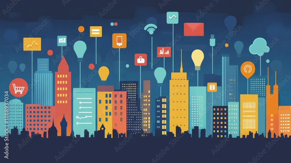 Poster digital sme business icons floating over a nighttime city skyline, illustrating the intersection of 