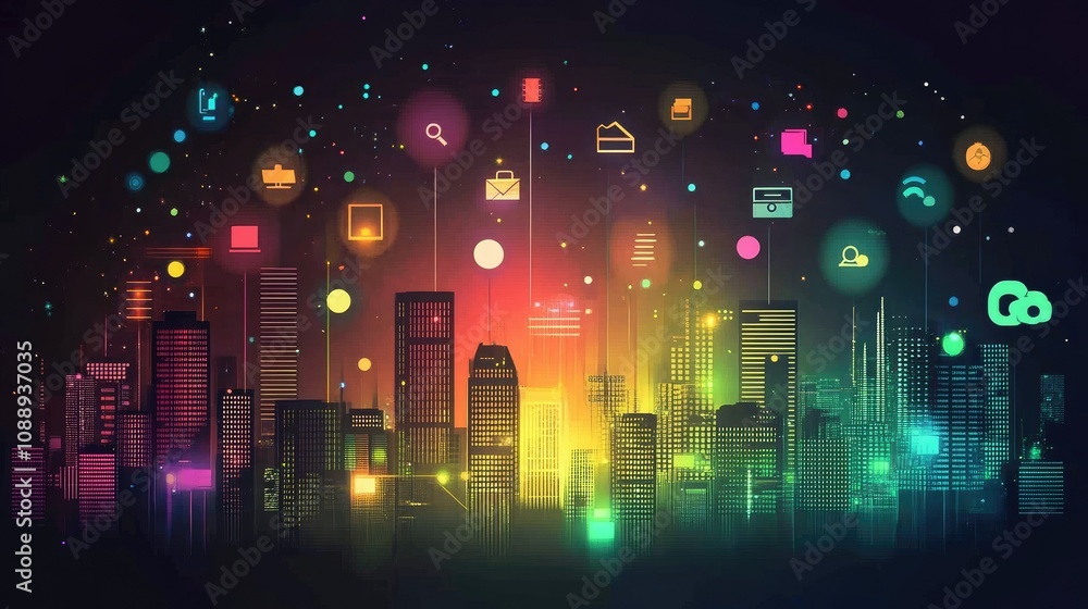 Poster digital sme business icons floating over a nighttime city skyline, illustrating the intersection of 
