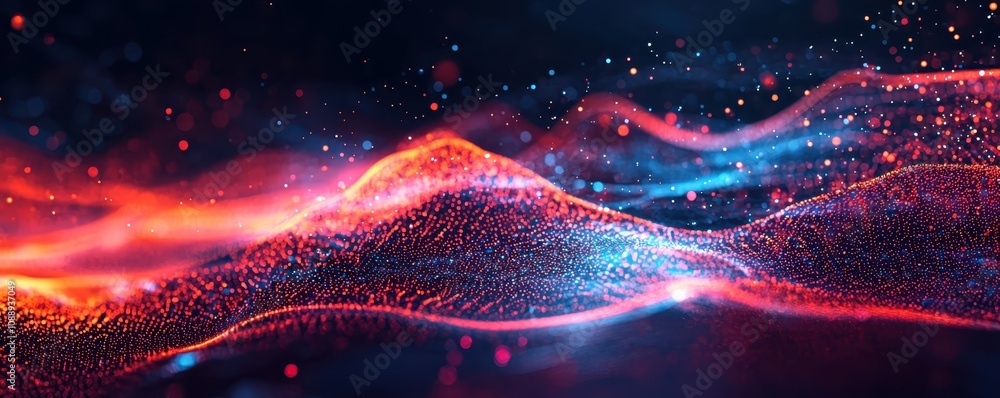 Poster a vibrant abstract representation of flowing waves in red and blue hues, showcasing dynamic movement