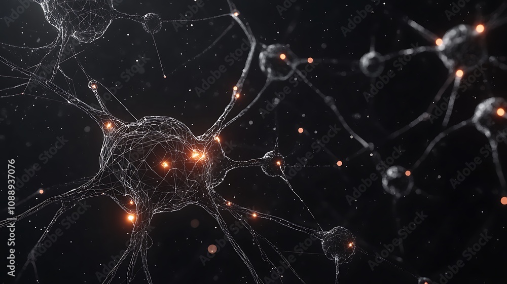 Poster Microscopic view of interconnected neurons with glowing synapses, depicting neural network complexity.