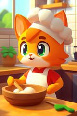 Fototapeta premium Cute cartoon cat chef preparing food in kitchen