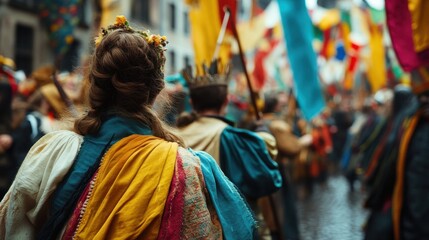 Fototapeta premium Locals in historic attire celebrate the Ommegang festival with vibrant banners