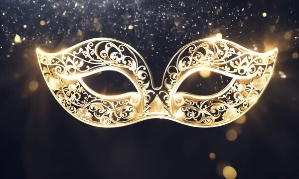 Carnival mask on dark background, gold sparkle design and golden glitter