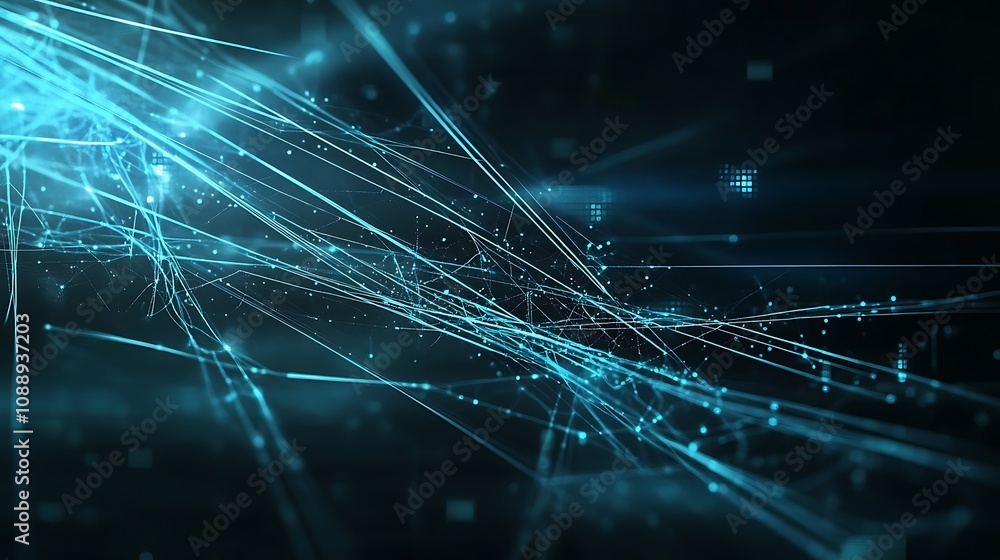 Poster abstract blue digital lines and particles on dark background.