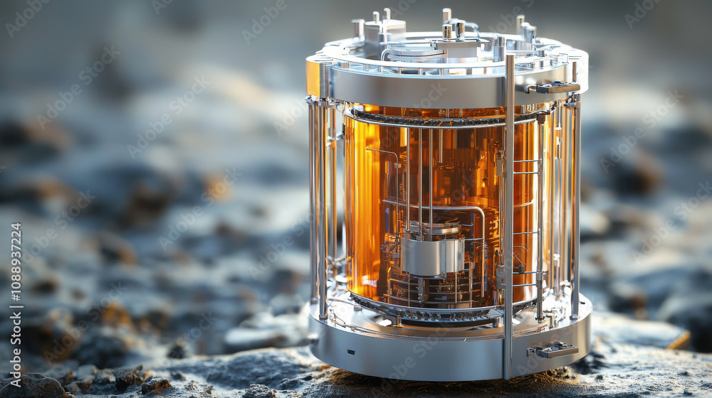 Aufkleber 3d rendered image of compact fusion energy device, showcasing intricate metallic components and glow
