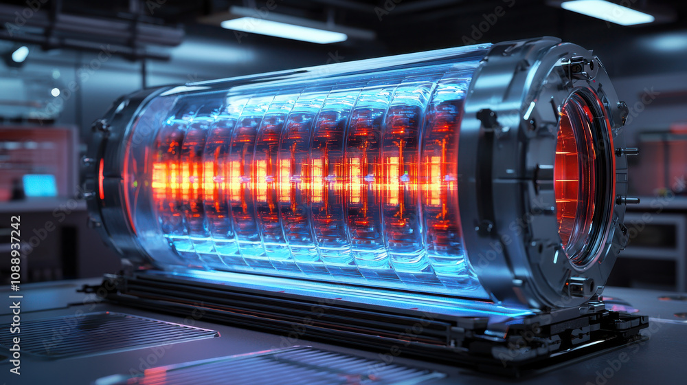 Poster 3d rendered image of compact fusion energy device in futuristic laboratory setting, showcasing glowi