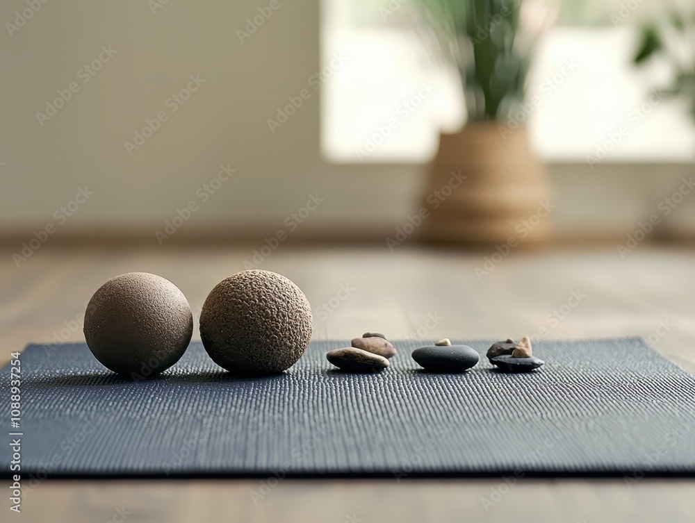 Poster a serene arrangement of two textured balls and several smooth stones on a yoga mat, creating a calmi