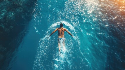 Man swimming in turquoise ocean water, aerial view.