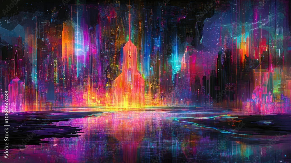 Poster Glowing abstract cityscape with neon lights and vibrant, surreal colors, featuring circuit-like patterns and futuristic architecture in an otherworldly setting.