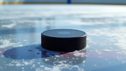 A sleek clean ice mockup highlighting a hockey puck with subtle scratches and rink markings.