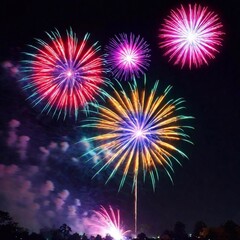 3d art illustration of a Diwali fireworks show, captured in a medium shot. Employ rack focus to bring the colorful fireworks into sharp relief, rest of the scene softly blurred to enhance the vividnes