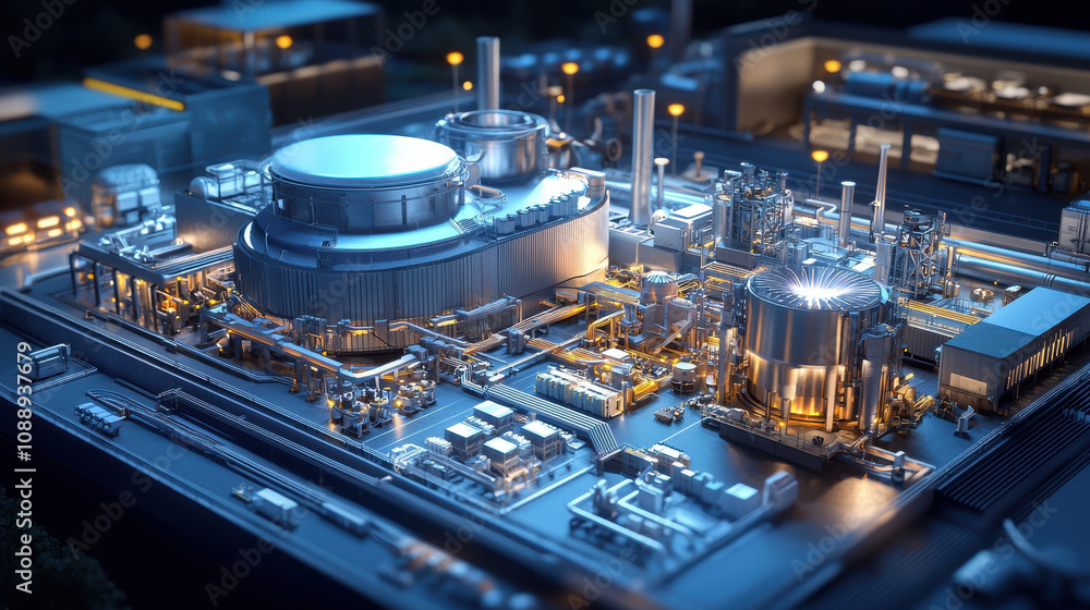 Poster 3d rendered image of futuristic fusion power plant, showcasing advanced technology and intricate des