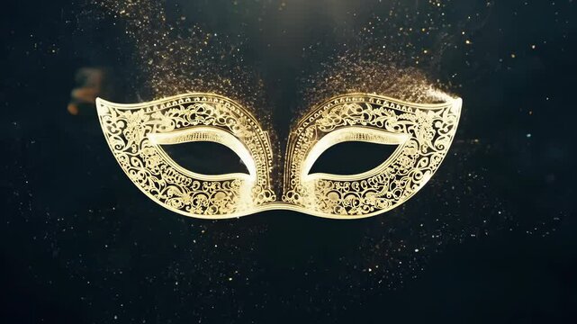 Carnival mask on dark background, gold sparkle design and golden glitter