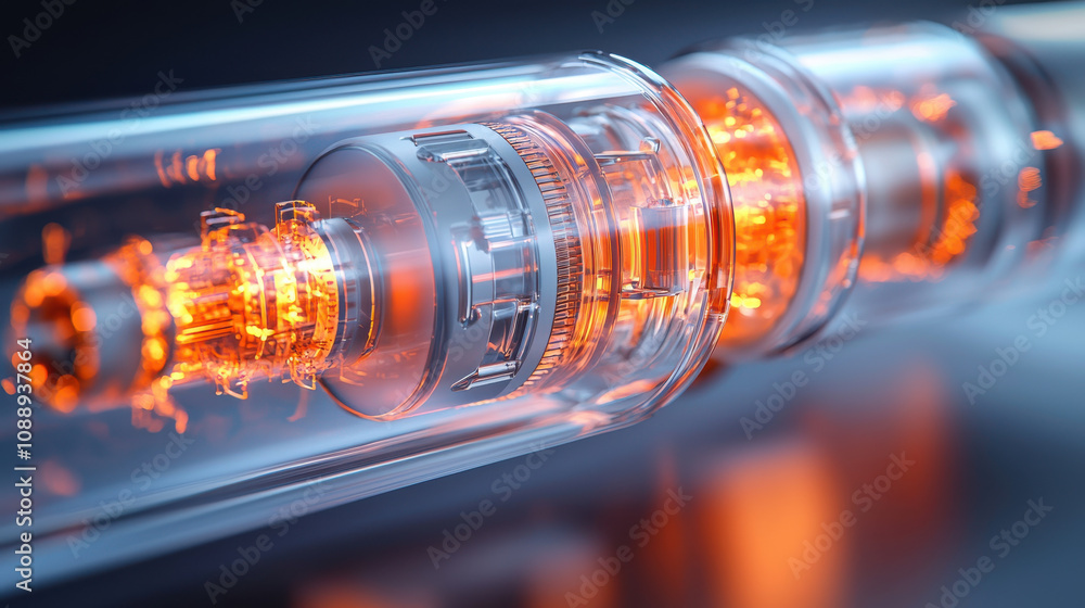 Poster detailed 3d rendering of futuristic, glowing mechanical component with intricate gears and transpare