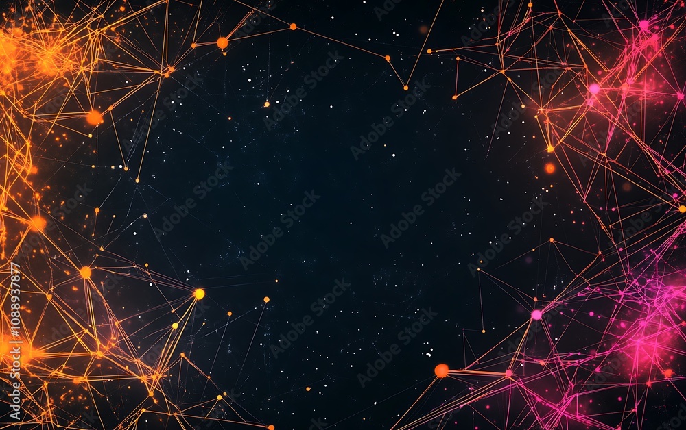 Poster abstract dark background with glowing orange and pink network connections forming a frame.