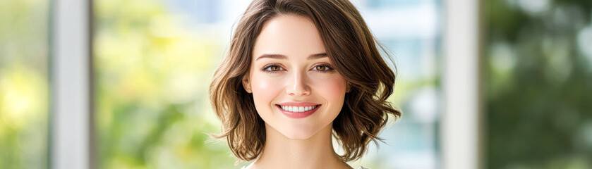 Obraz premium A woman with short brown hair is smiling at the camera