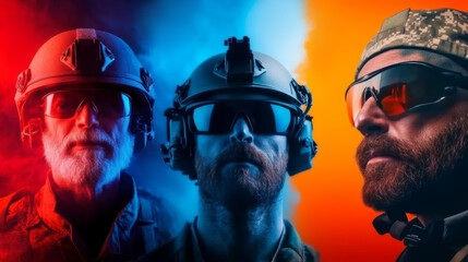 Three military personnel in tactical gear showcasing dedication and professionalism against a vivid background of red and blue colors