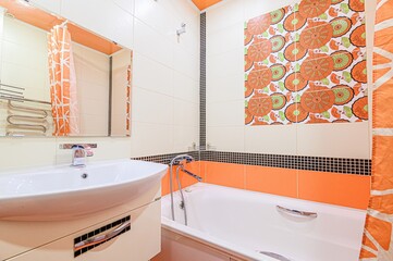 interior apartment room bathroom, sink, decorative elements, toilet. WC, sanitary unit, wash room