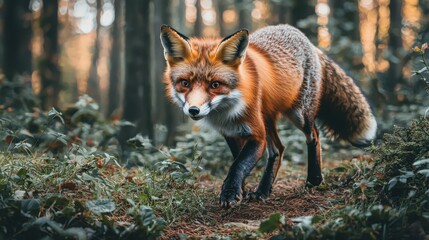 Fototapeta premium A Red Fox Traveling Through a Lush Forest, Capturing the Beauty of Nature While Migrating in Search of Food and Shelter Amidst Tranquil Wilderness