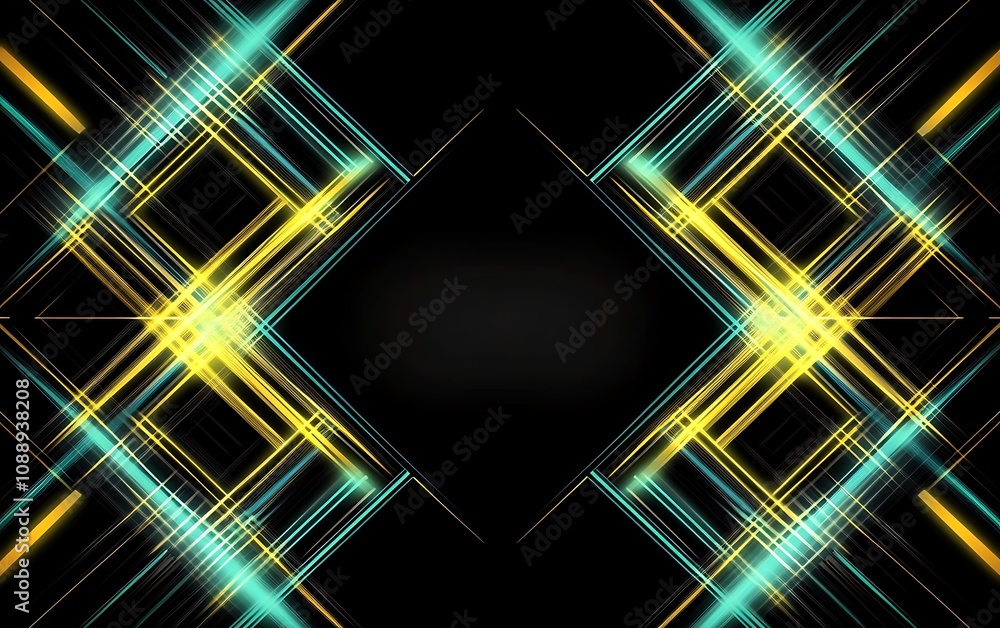 Poster Abstract background with glowing yellow and teal intersecting lines forming a symmetrical X shape on a black background.