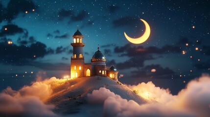 Naklejka premium A beautiful lantern glowing in the dark sky with a crescent moon and clouds, Ramadan Kareem concept banner background design, a mosque on top of a sand hill, generative ai