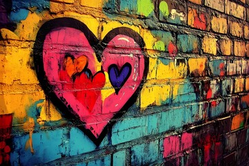 Fototapeta premium Urban Love: Vibrant Graffiti Heart on Brick Wall
